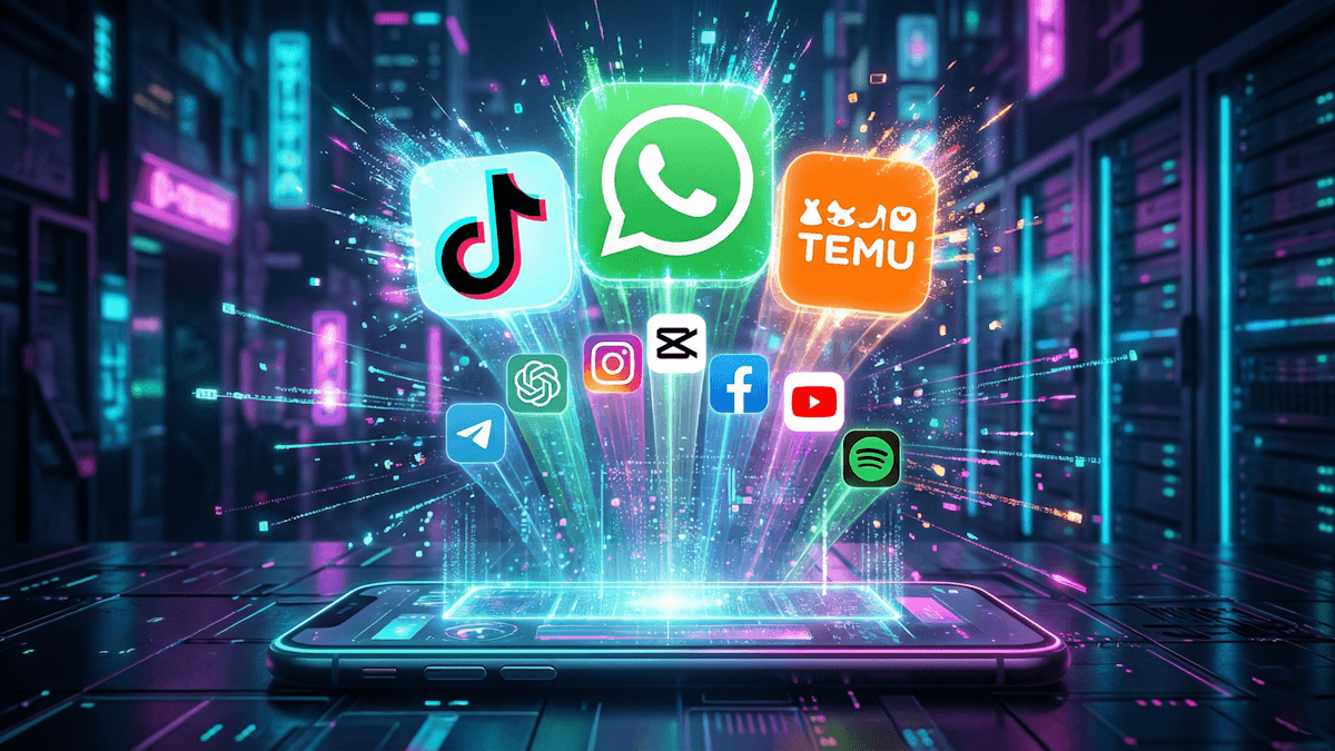 Ilustración 3D futurista de los iconos de las aplicaciones más populares de 2025 flotando en un entorno digital.