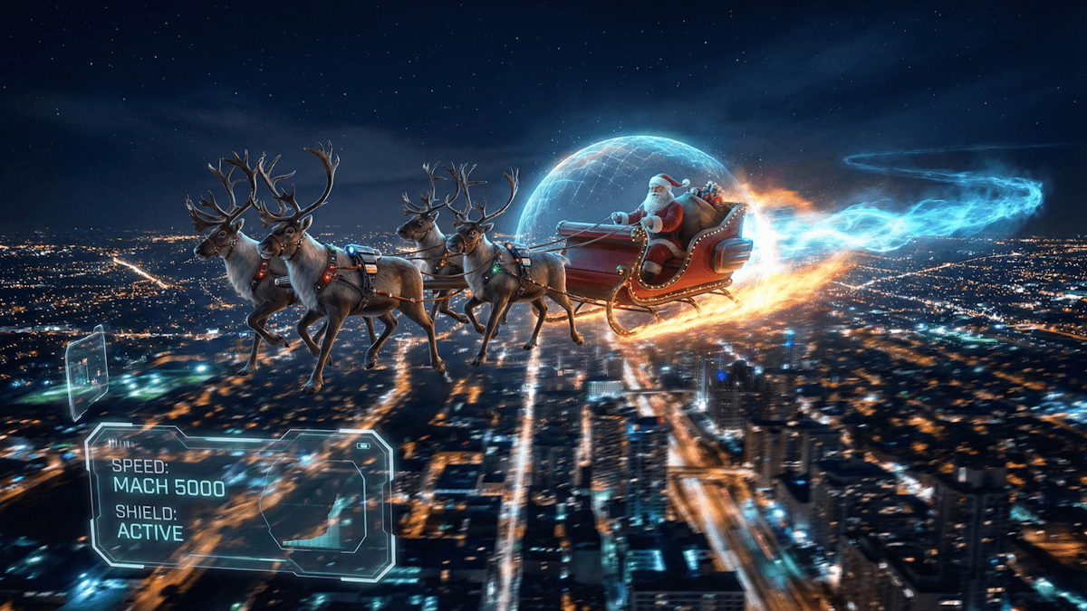 Trineo de Santa Claus viajando a velocidad hipersónica con escudo de plasma.