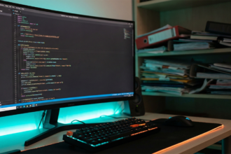 Pantalla de ordenador mostrando código Python para automatizar tareas de oficina con fondo de papeles desordenados.
