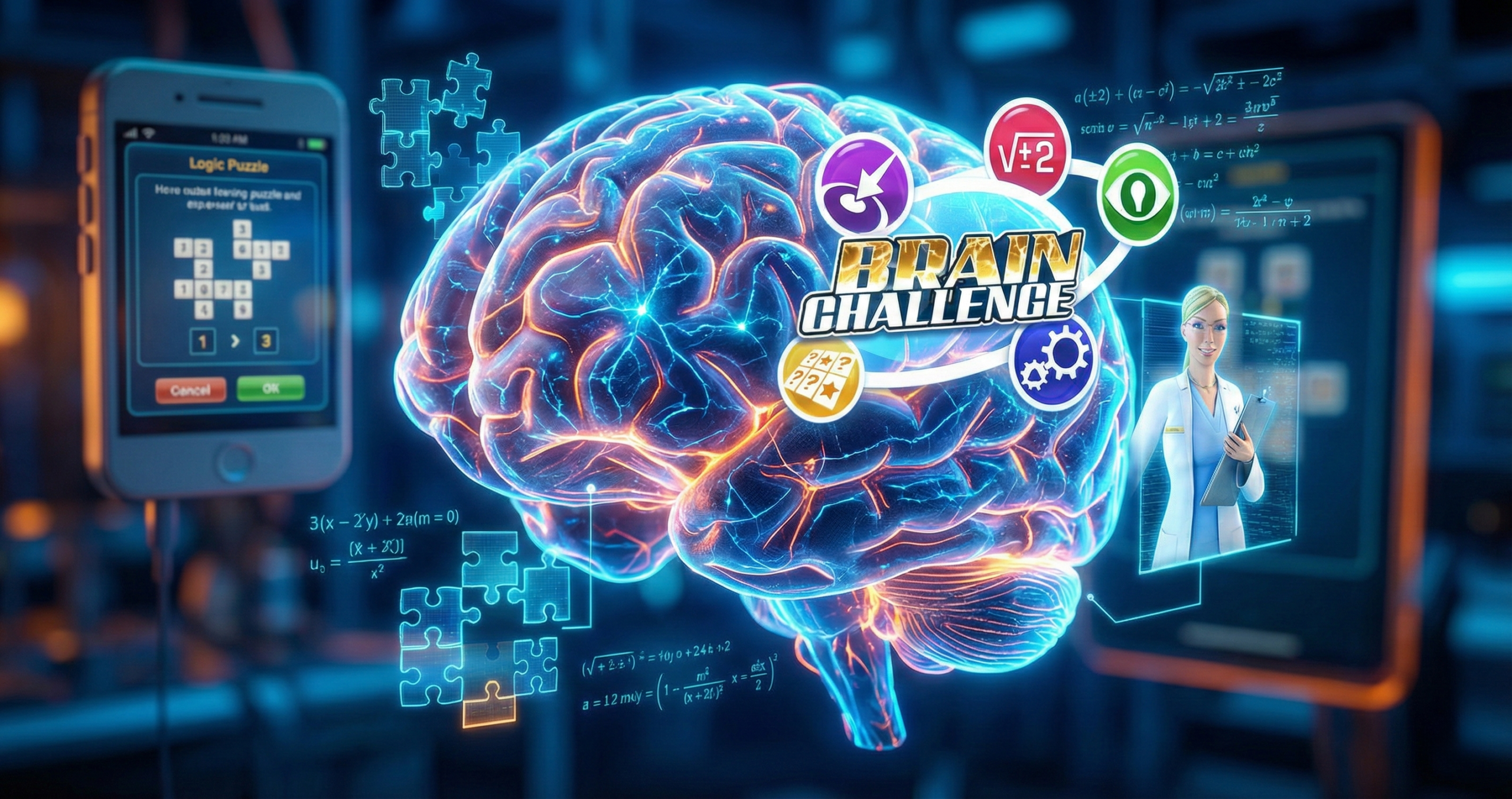 Ilustración futurista de entrenamiento cerebral digital con puzzles y fórmulas matemáticas.