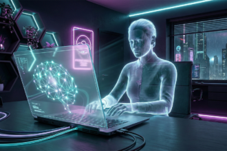 Representación artística de un asistente IA digital trabajando en un ordenador portátil en una oficina moderna.