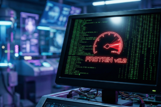 Terminal de Linux ejecutando script Fastrin con indicadores de velocidad al máximo y código matrix de fondo.