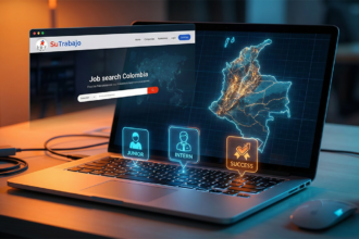 Laptop exibindo a interface do SuTrabajo.com com um mapa da Colômbia ao fundo, em busca do primeiro emprego.
