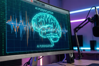 Interfaz de software Qhero ClearCut procesando ondas de audio con inteligencia artificial.