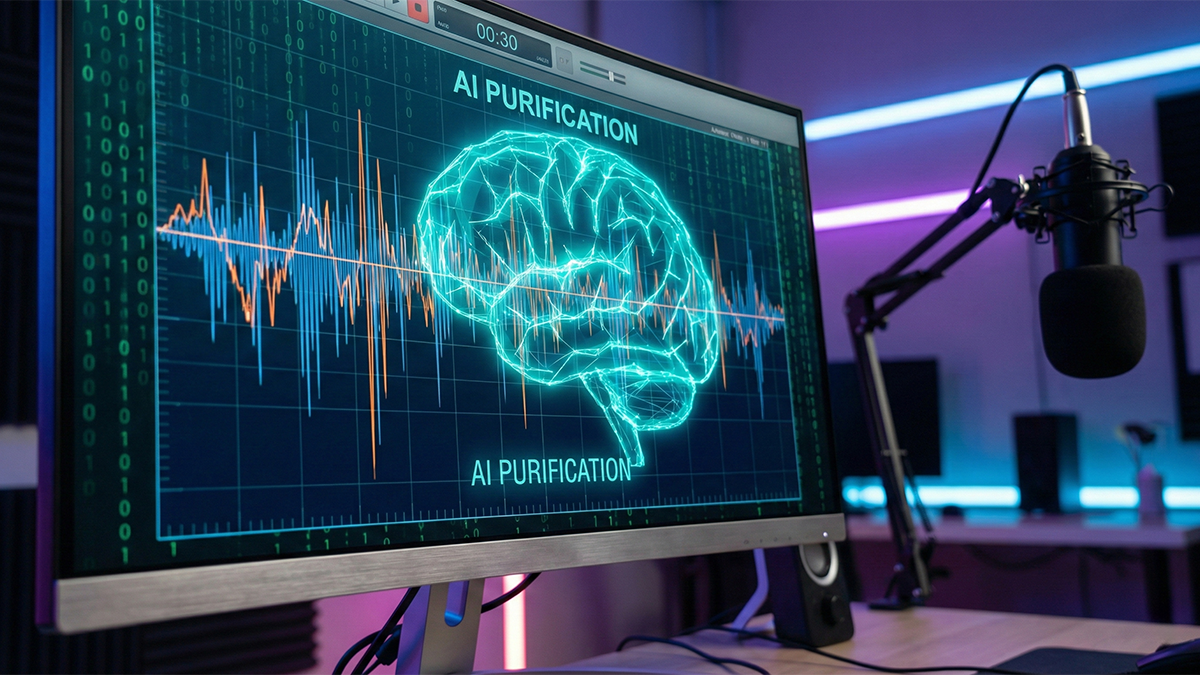 Interfaz de software Qhero ClearCut procesando ondas de audio con inteligencia artificial.
