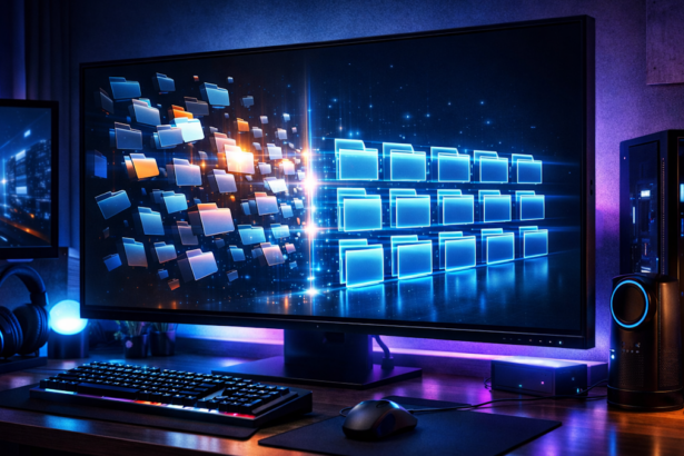 Escritorio moderno con monitores mostrando carpetas organizadas en pestañas brillantes, representando la productividad que ofrece QTTabBar en Windows.