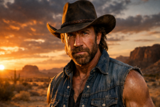 Retrato digital realista de un héroe de acción de los años 80 en un paisaje desértico.