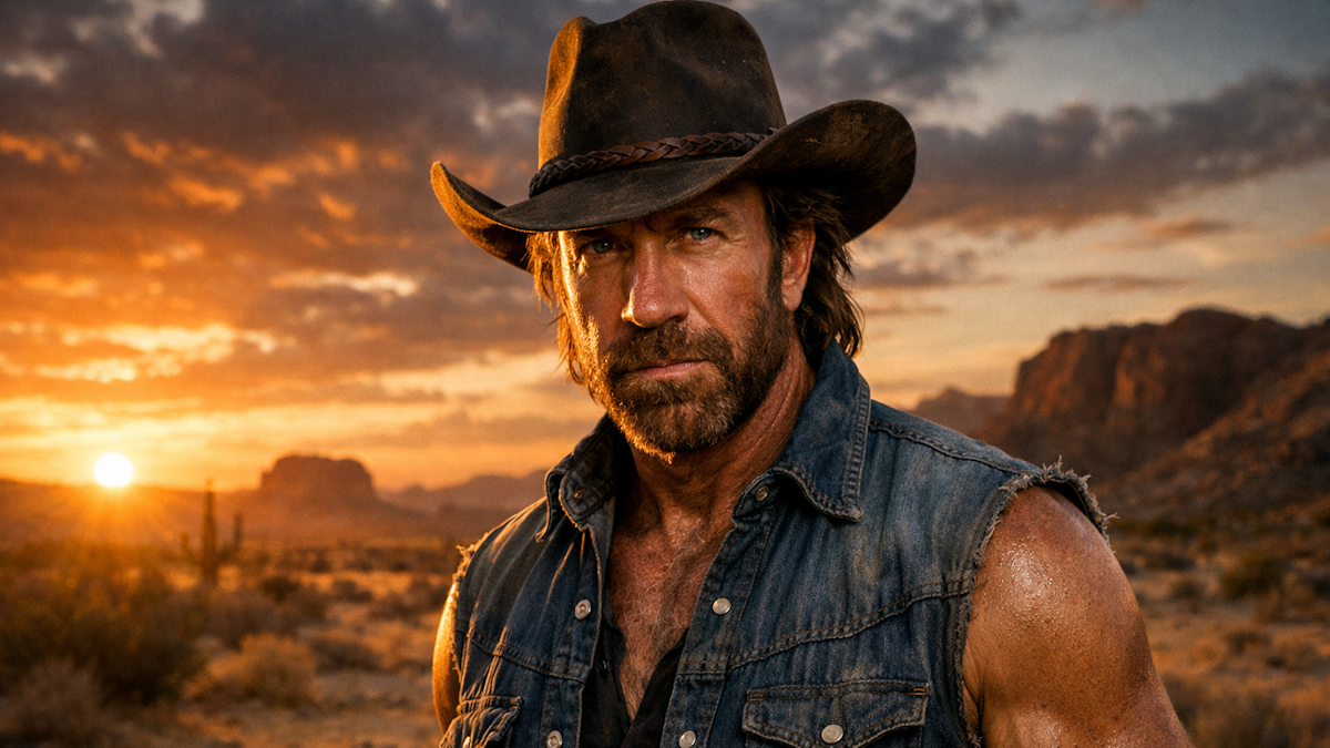 Retrato digital realista de un héroe de acción de los años 80 en un paisaje desértico.