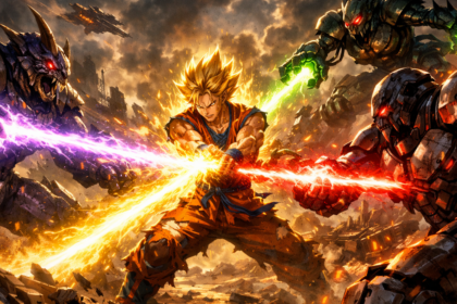 Goku en estado Super Saiyajin rodeado de su aura dorada preparándose para combatir en un terreno destruido.