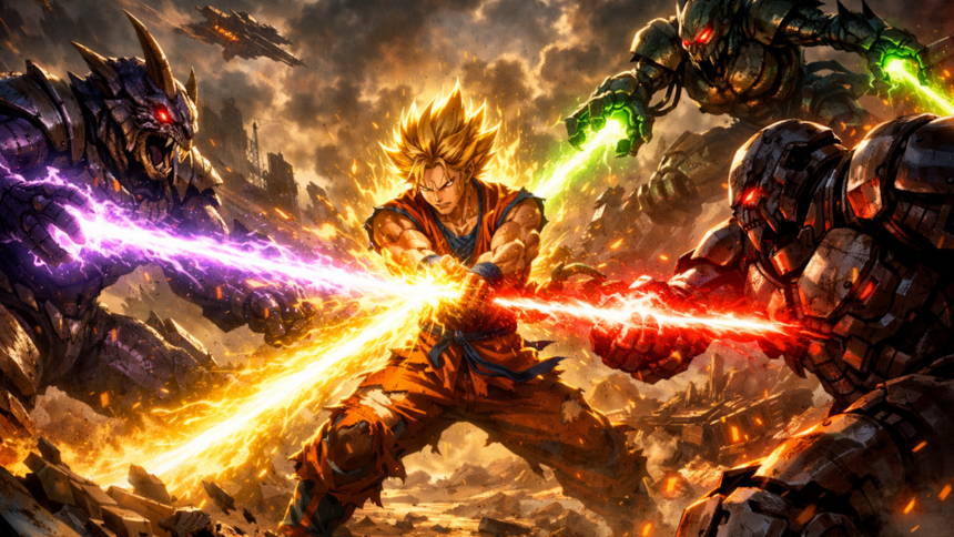 Goku en estado Super Saiyajin rodeado de su aura dorada preparándose para combatir en un terreno destruido.