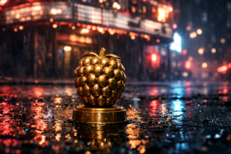 Estatuilla del premio Óscar fusionándose con elementos oscuros y de ciencia ficción.