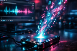 Disco duro futurista absorbiendo ondas de sonido y notas musicales desde un navegador web.