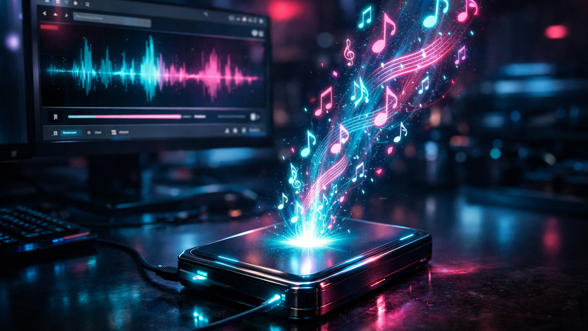 Futuristic hard drive absorbing sound waves and musical notes from a web browser.