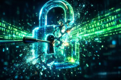 Candado holográfico siendo desbloqueado por código digital en estilo ciberpunk, representando el hackeo de filtros de IA.