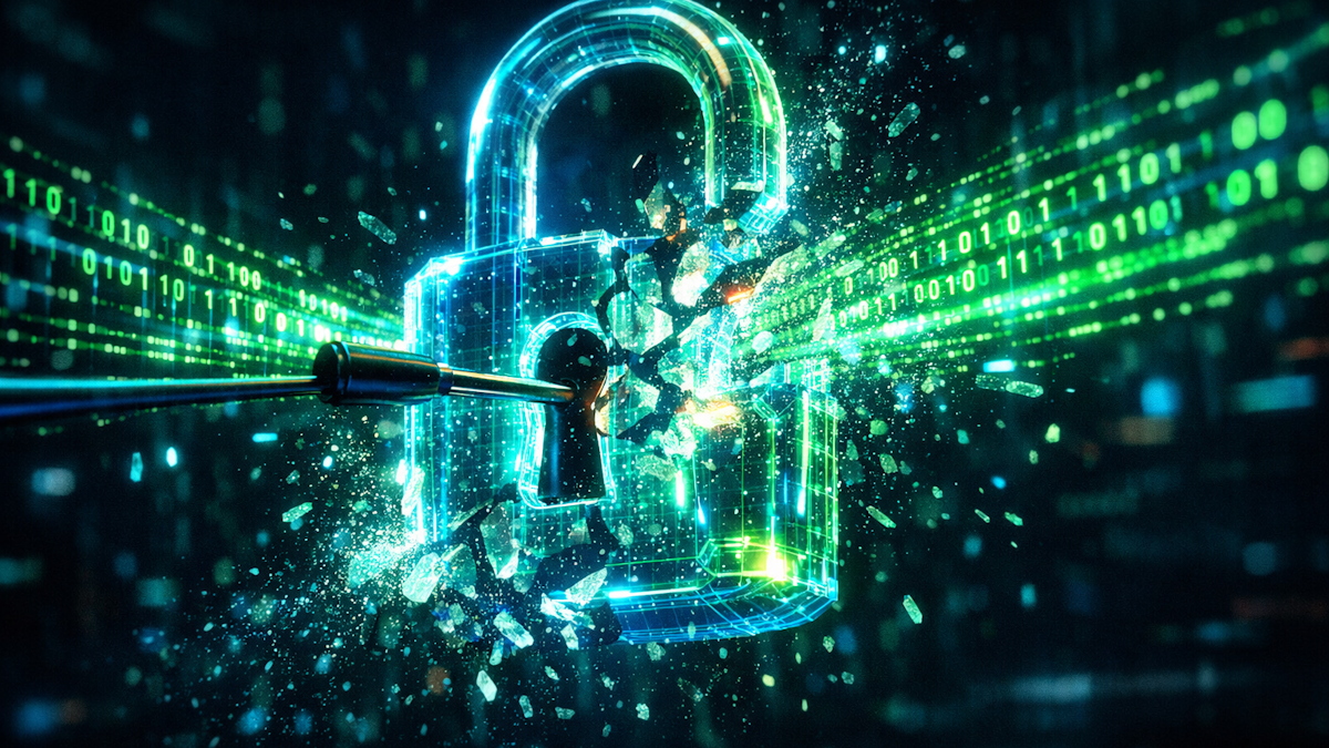 Candado holográfico siendo desbloqueado por código digital en estilo ciberpunk, representando el hackeo de filtros de IA.