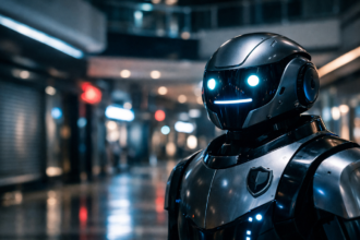 Robot vigilante humanoide con inteligencia artificial patrullando un centro comercial moderno en la noche.