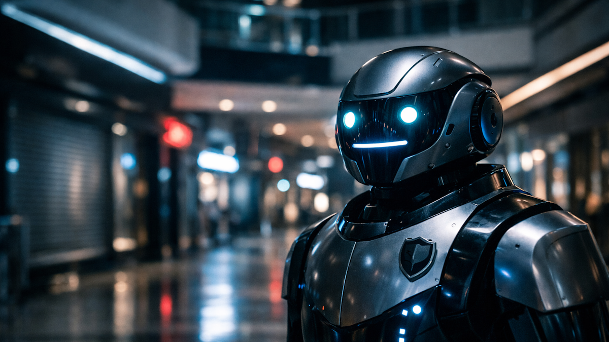 Robot vigilante humanoide con inteligencia artificial patrullando un centro comercial moderno en la noche.