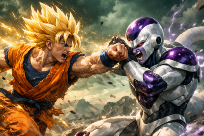 Batalla remasterizada entre Goku Super Saiyajin y Freezer en el planeta Namek.