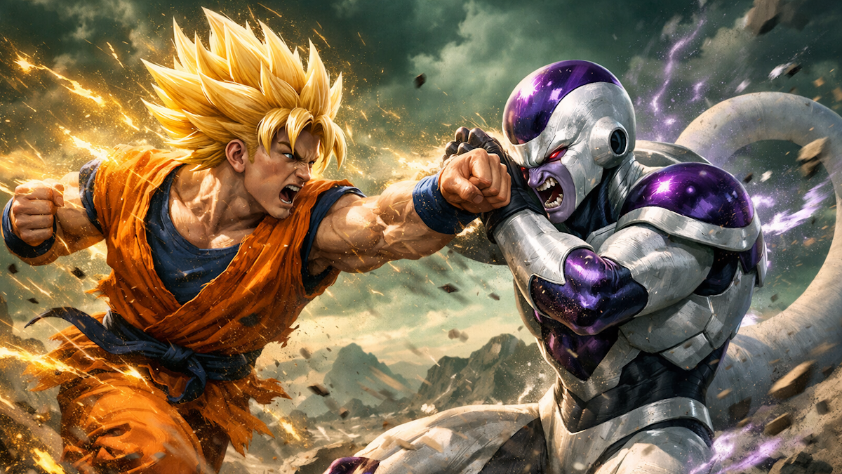 Batalla remasterizada entre Goku Super Saiyajin y Freezer en el planeta Namek.