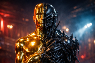 Estatuilla del premio Óscar fusionándose con elementos oscuros y de ciencia ficción.