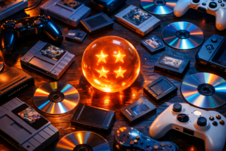 Colección gigante de juegos clásicos y modernos de consolas sobre una mesa iluminada con esferas del dragón.