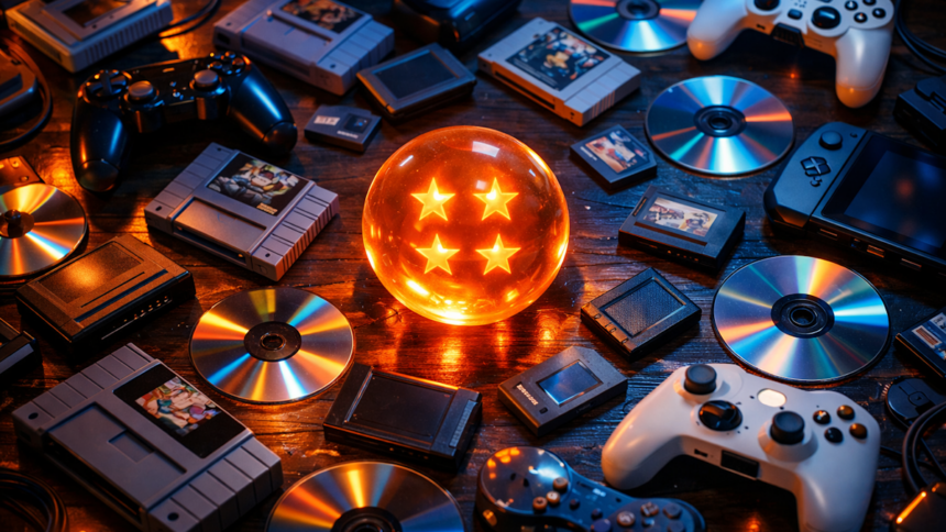 Colección gigante de juegos clásicos y modernos de consolas sobre una mesa iluminada con esferas del dragón.