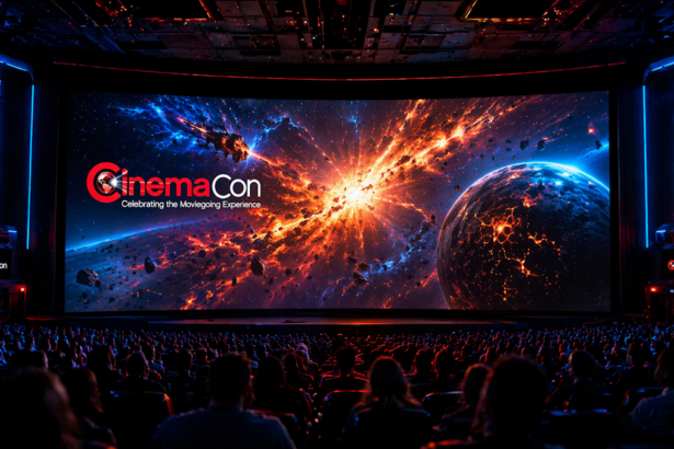 Sala de cine moderna proyectando una explosión cósmica ante una audiencia asombrada.