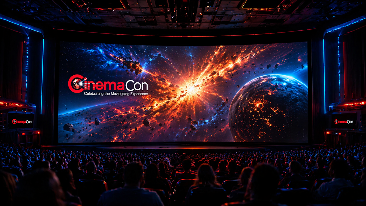 Modern movie theater projecting a cosmic explosion to an astonished audience.