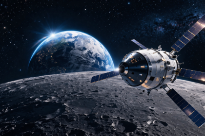 Nave Orion de la NASA realizando el sobrevuelo de la misión Artemis II con la Tierra de fondo.