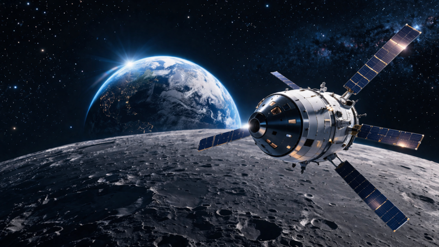 Nave Orion de la NASA realizando el sobrevuelo de la misión Artemis II con la Tierra de fondo.