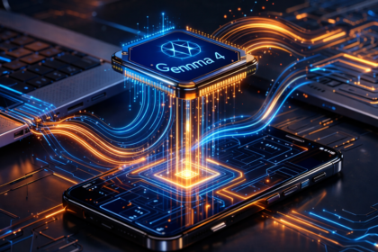 Ilustración conceptual de Google Gemma 4 procesando datos localmente en un smartphone y una laptop sin conexión a la nube.