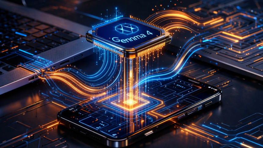 Ilustración conceptual de Google Gemma 4 procesando datos localmente en un smartphone y una laptop sin conexión a la nube.